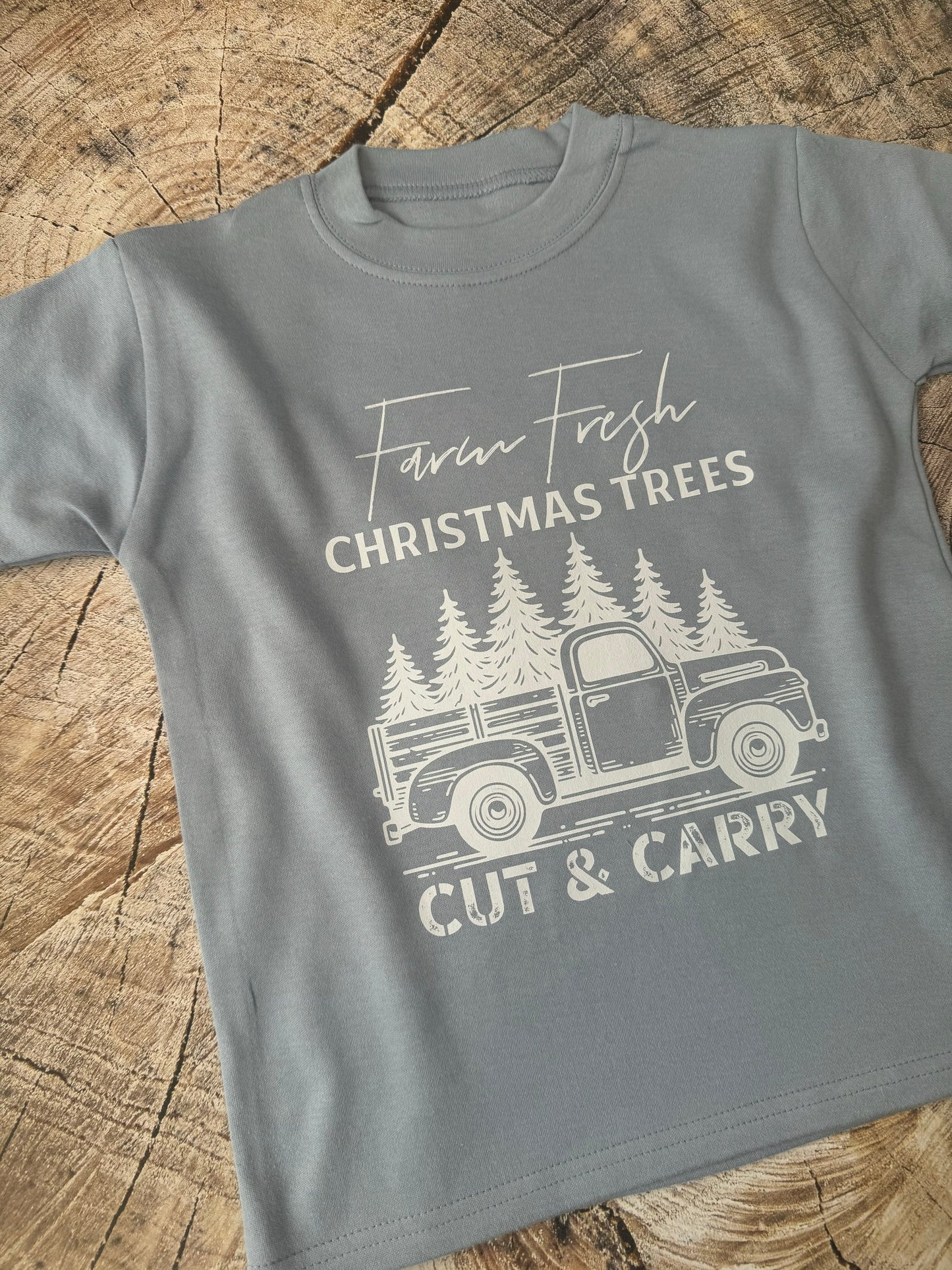 Dusty Blue Tshirt-Farm fresh Christmas trees