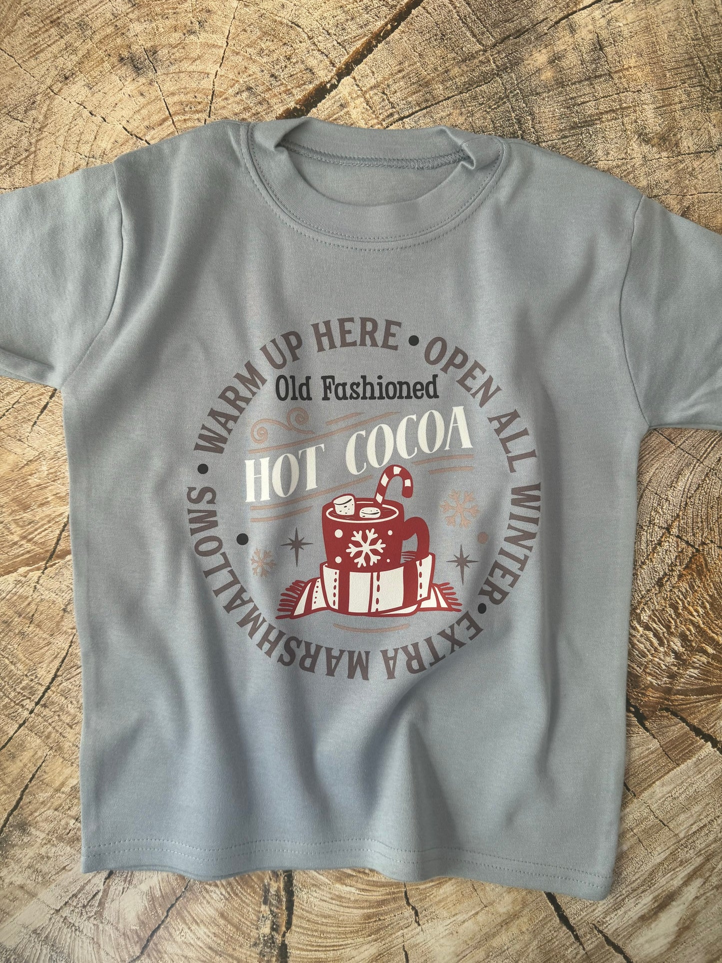 Dusty Blue Tshirt-old fashioned hot cocoa