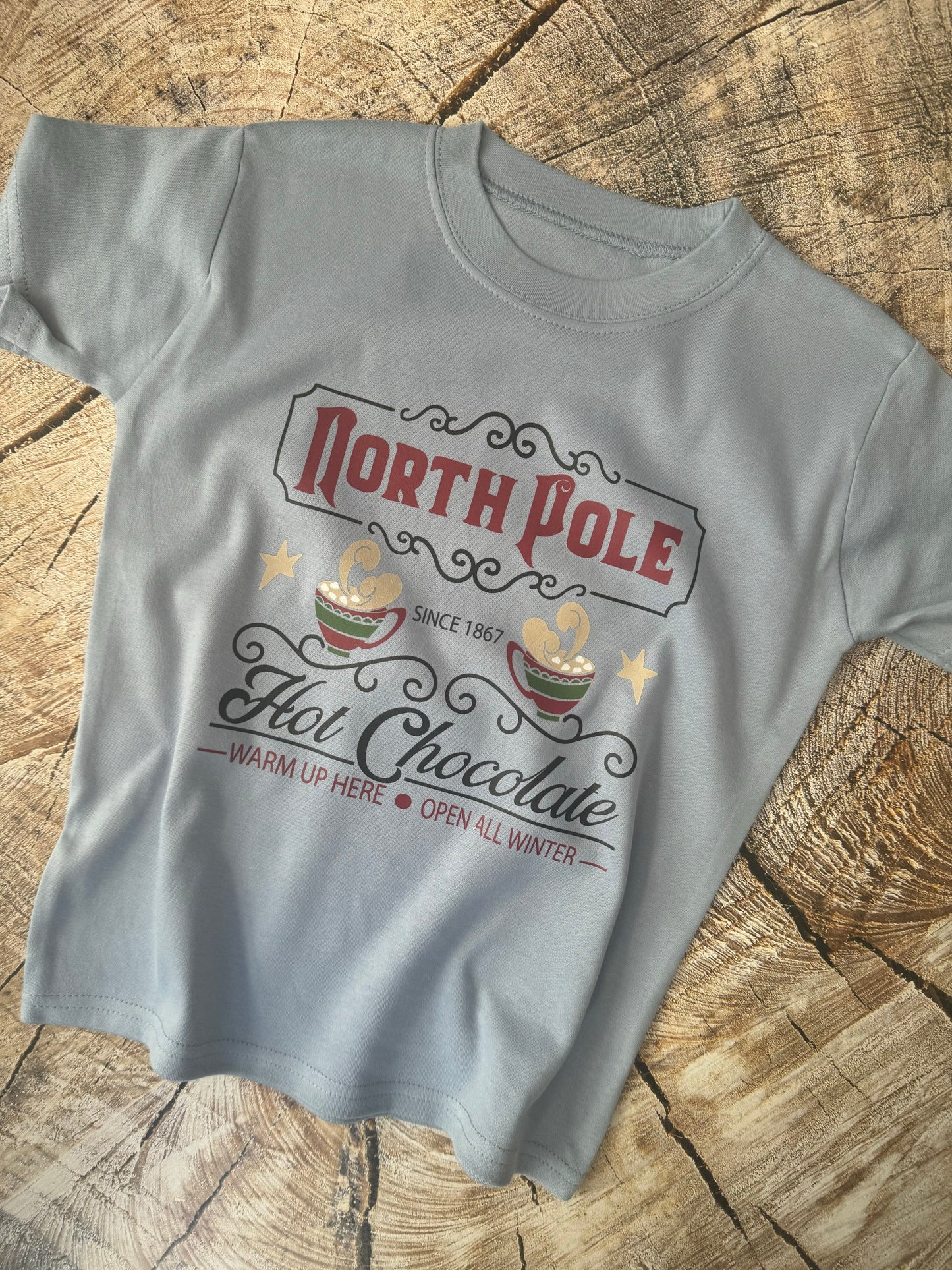 Dusty Blue Tshirt-North Pole hot chocolate