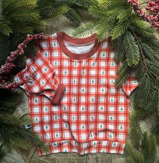 Red Gingham Christmas Tree Oversized Sweatshirt
